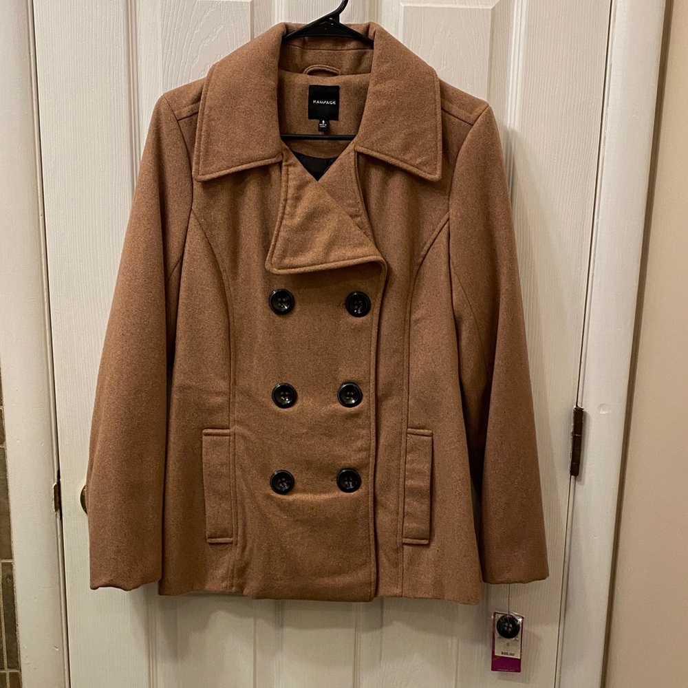 NWT Rampage brand Women's Tan Peacoat with Black Buttons